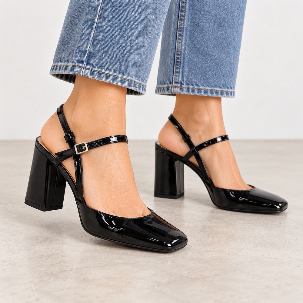 Womens Black Patent Leather Square Toe Block Heel Ankle Strap Pumps Size 8.5